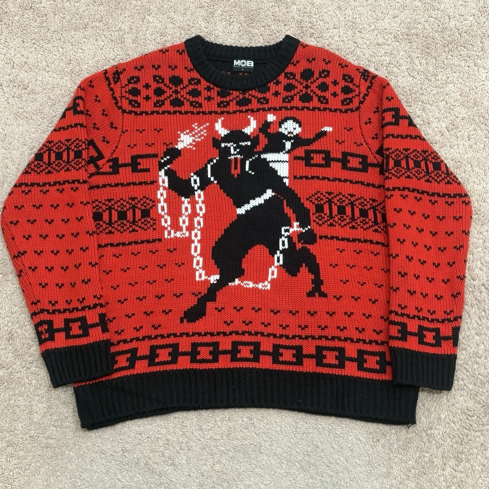 Middle Of Beyond Sweater Mens Large Red Krampus Christmas Knit Pullover